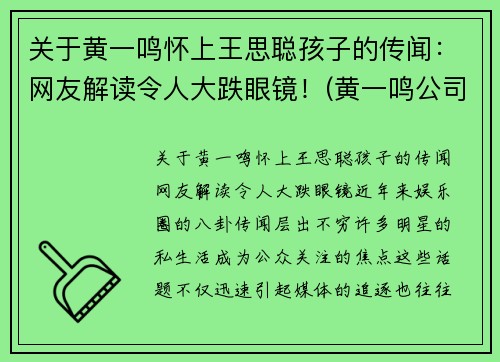 关于黄一鸣怀上王思聪孩子的传闻：网友解读令人大跌眼镜！(黄一鸣公司)