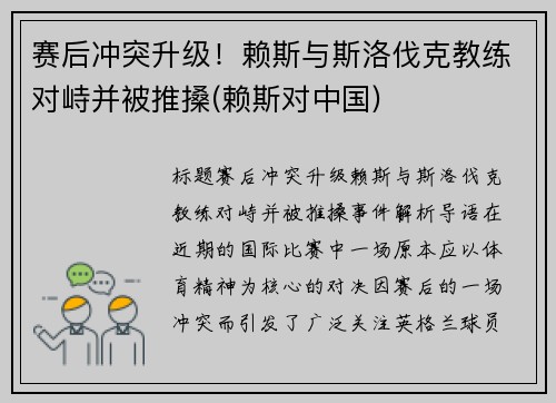 赛后冲突升级！赖斯与斯洛伐克教练对峙并被推搡(赖斯对中国)