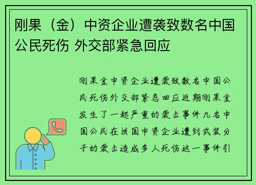 刚果（金）中资企业遭袭致数名中国公民死伤 外交部紧急回应