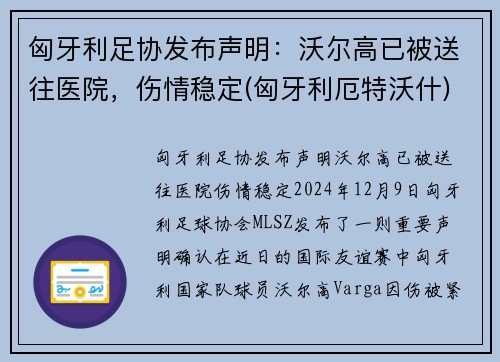 匈牙利足协发布声明：沃尔高已被送往医院，伤情稳定(匈牙利厄特沃什)