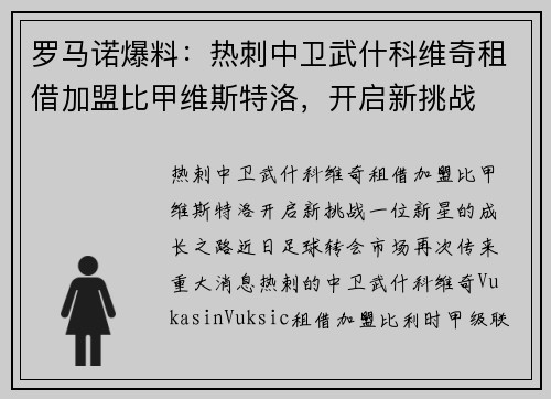 罗马诺爆料：热刺中卫武什科维奇租借加盟比甲维斯特洛，开启新挑战