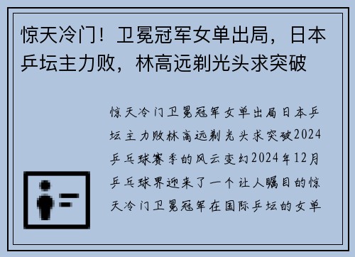 惊天冷门！卫冕冠军女单出局，日本乒坛主力败，林高远剃光头求突破