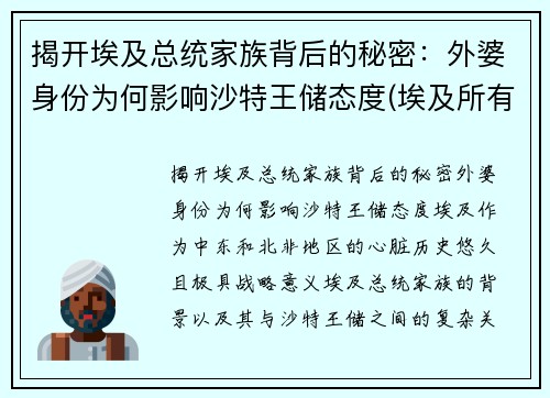 揭开埃及总统家族背后的秘密：外婆身份为何影响沙特王储态度(埃及所有总统)